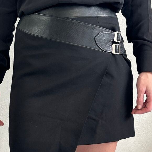 Saint Laurent Paris Wool Asymmetrical Hem Wrap Skirt FR 36 Black Leather Waist - Picture 10 of 16